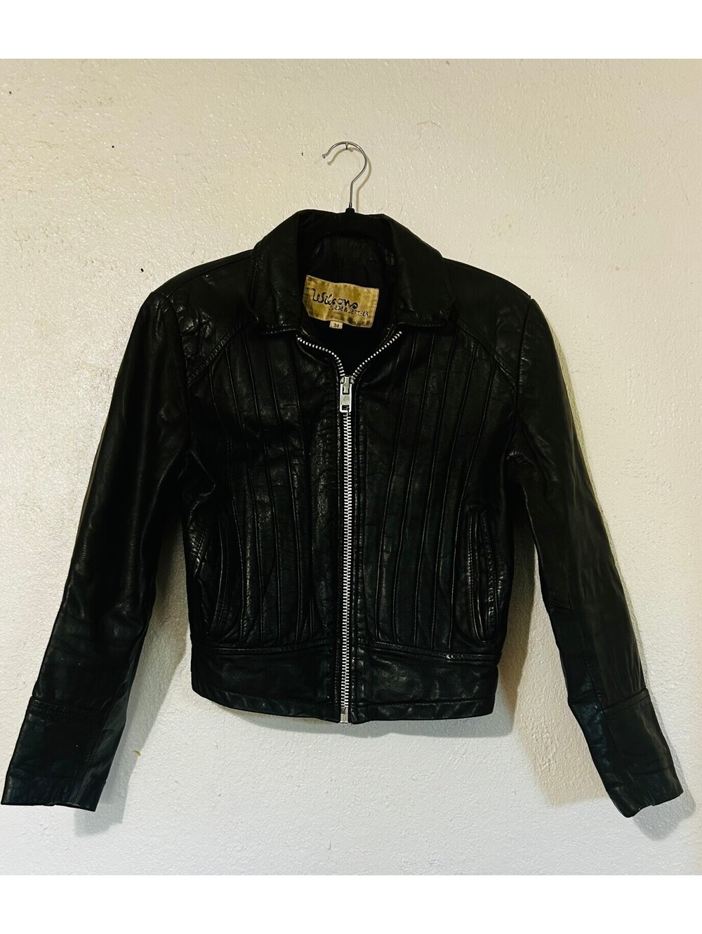 VTG 80s Wilsons Black Leather Jacket Cropped Moto Stitched Panel Women Size 34